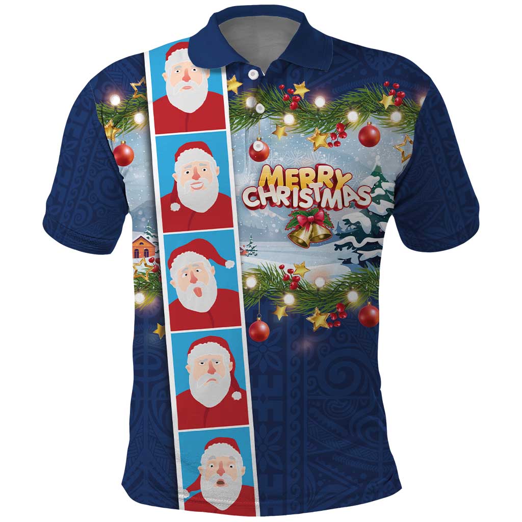 Merry Christmas Polo Shirt Funny Santa Claus Cards Photo and Polynesian Pattern Blue Color