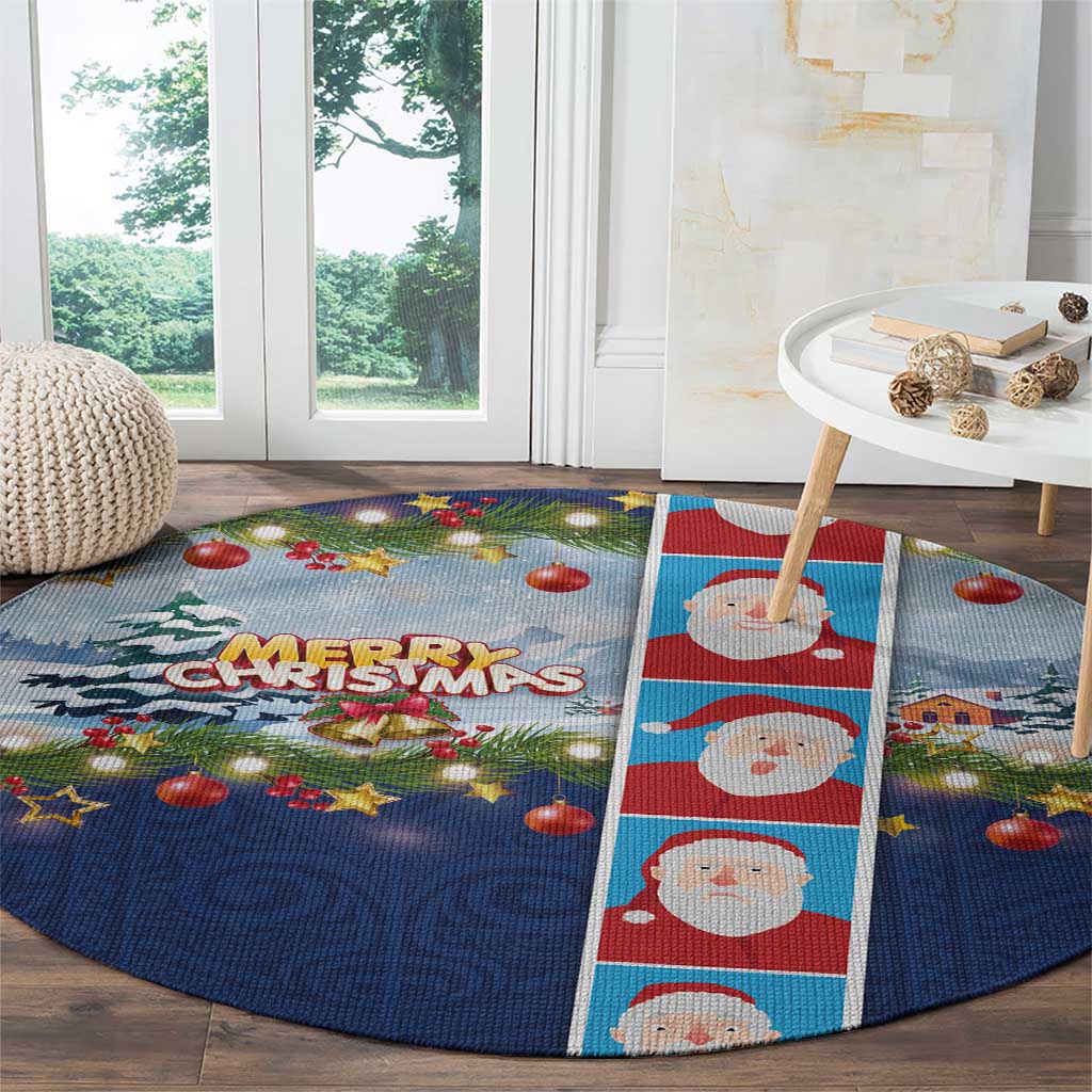 Merry Christmas Round Carpet Funny Santa Claus Cards Photo and Polynesian Pattern Blue Color LT03