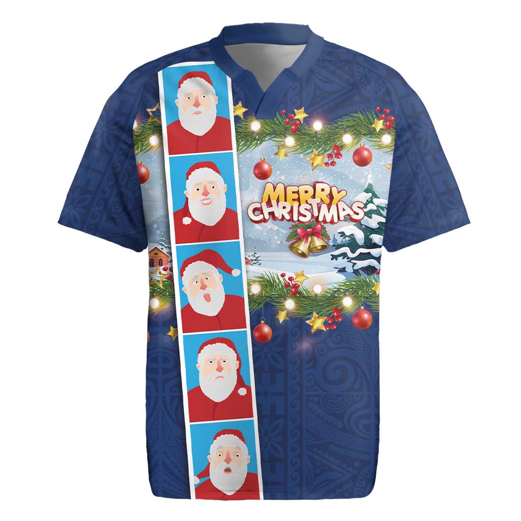 Merry Christmas Rugby Jersey Funny Santa Claus Cards Photo and Polynesian Pattern Blue Color