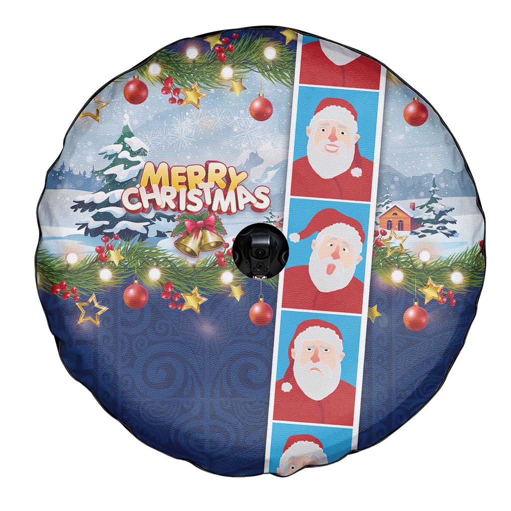 Merry Christmas Spare Tire Cover Funny Santa Claus Cards Photo and Polynesian Pattern Blue Color LT03