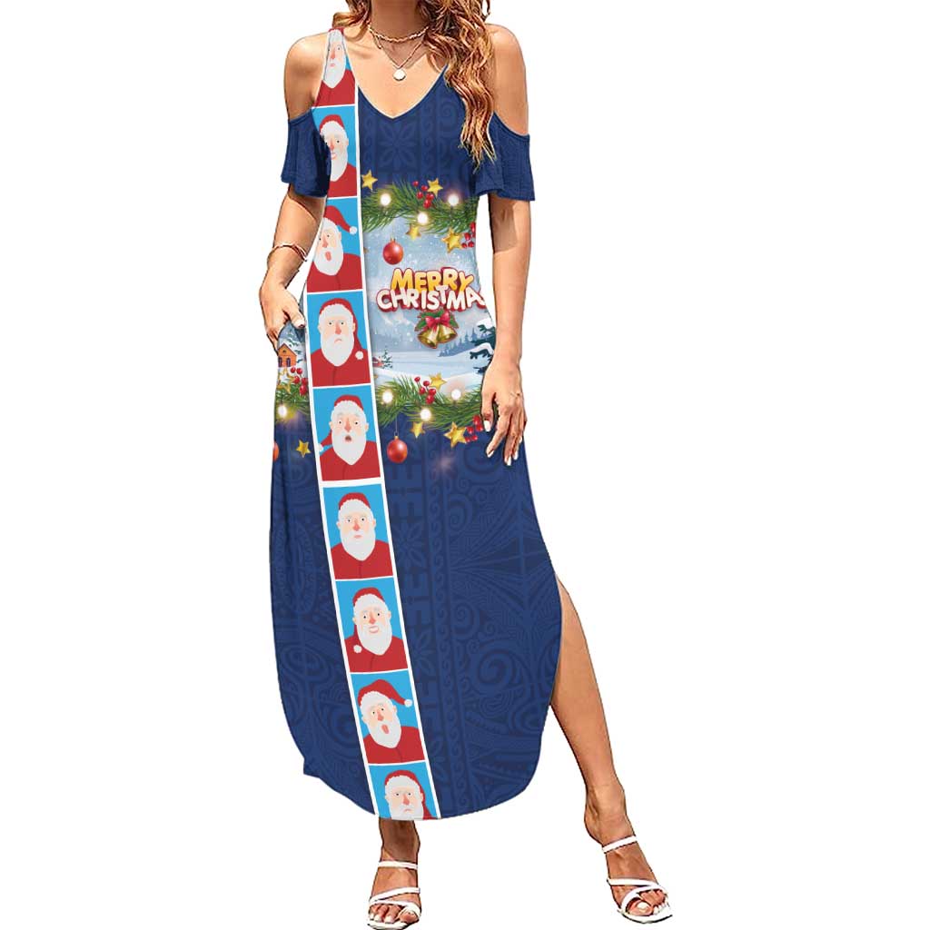 Merry Christmas Summer Maxi Dress Funny Santa Claus Cards Photo and Polynesian Pattern Blue Color