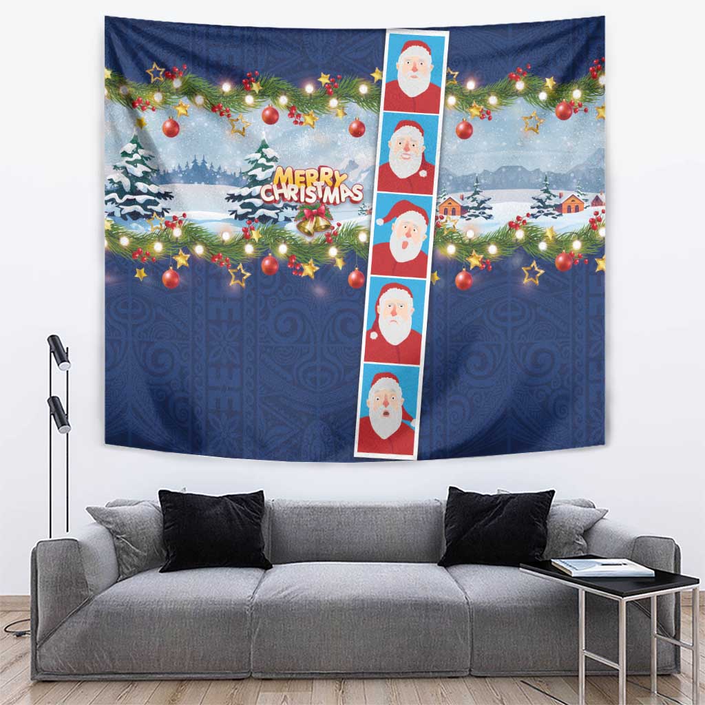 Merry Christmas Tapestry Funny Santa Claus Cards Photo and Polynesian Pattern Blue Color LT03