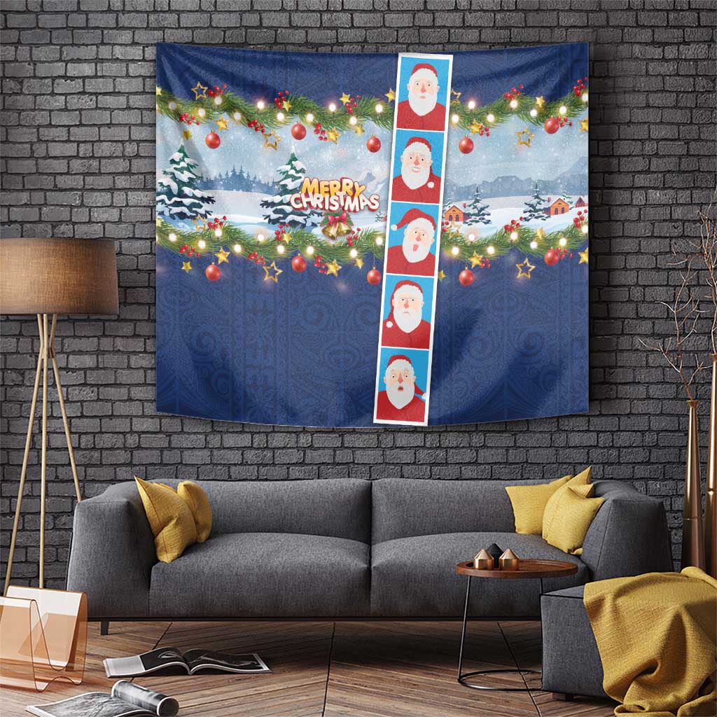 Merry Christmas Tapestry Funny Santa Claus Cards Photo and Polynesian Pattern Blue Color LT03