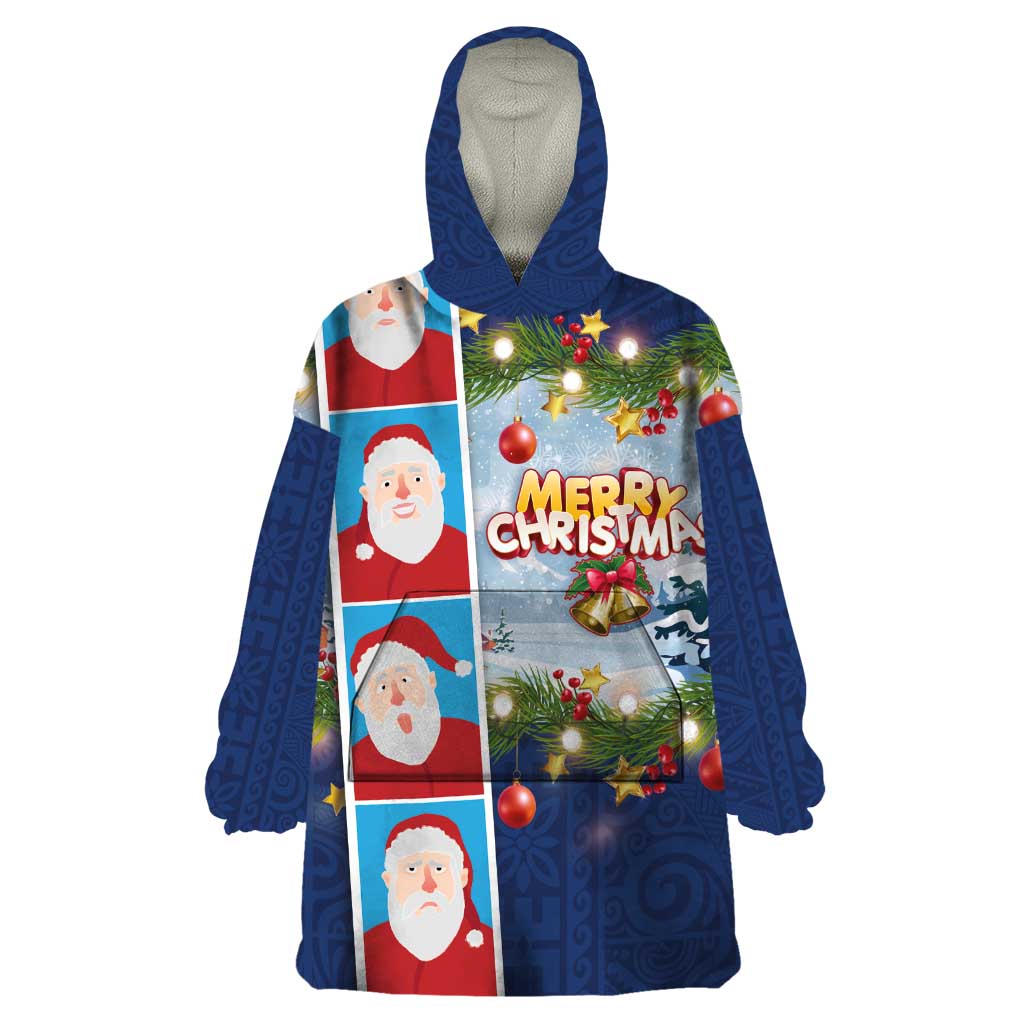 Merry Christmas Wearable Blanket Hoodie Funny Santa Claus Cards Photo and Polynesian Pattern Blue Color