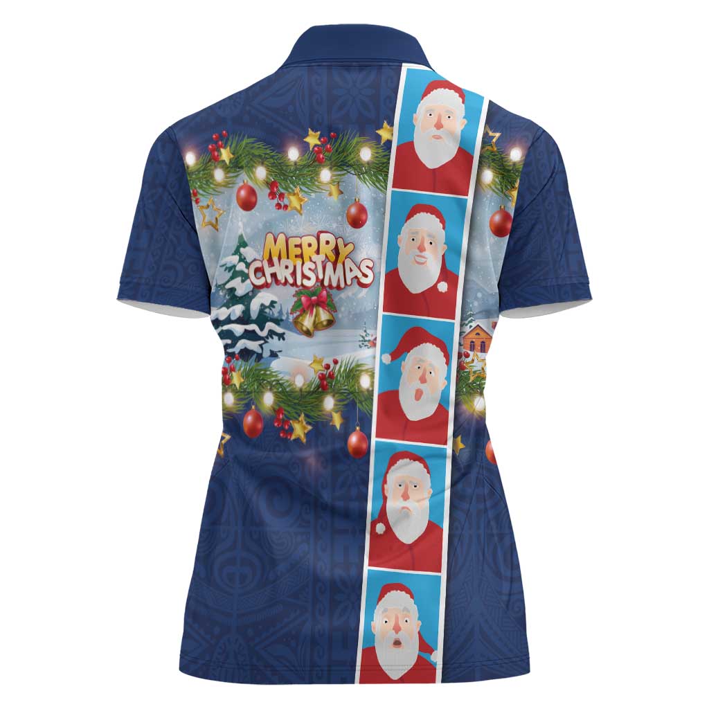 Merry Christmas Women Polo Shirt Funny Santa Claus Cards Photo and Polynesian Pattern Blue Color LT03 - Polynesian Pride