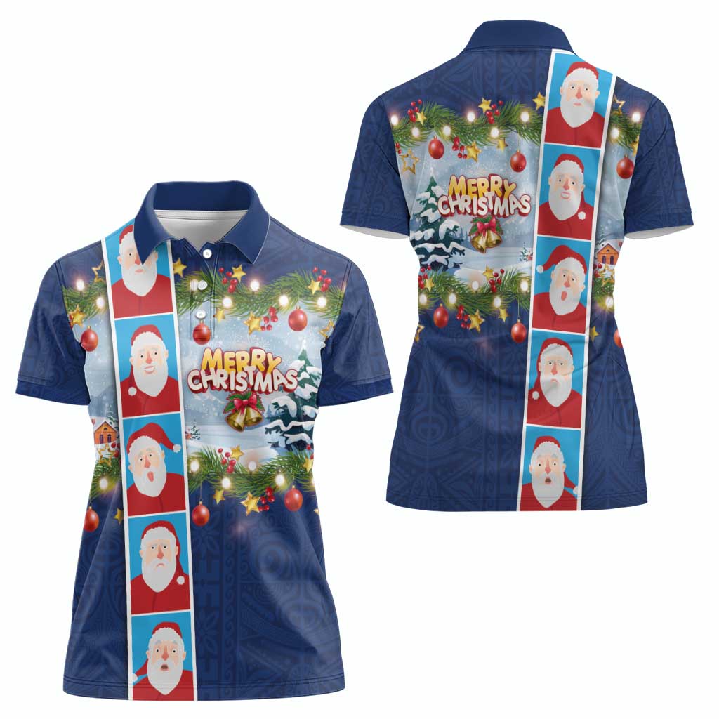 Merry Christmas Women Polo Shirt Funny Santa Claus Cards Photo and Polynesian Pattern Blue Color LT03 - Polynesian Pride