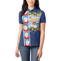 Merry Christmas Women Polo Shirt Funny Santa Claus Cards Photo and Polynesian Pattern Blue Color LT03 - Polynesian Pride