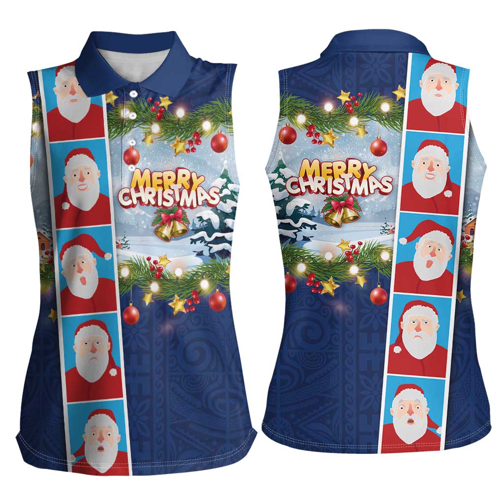 Merry Christmas Women Sleeveless Polo Shirt Funny Santa Claus Cards Photo and Polynesian Pattern Blue Color LT03 - Polynesian Pride