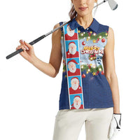 Merry Christmas Women Sleeveless Polo Shirt Funny Santa Claus Cards Photo and Polynesian Pattern Blue Color LT03 - Polynesian Pride