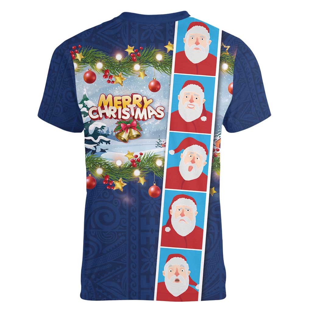 Merry Christmas Women V-Neck T-Shirt Funny Santa Claus Cards Photo and Polynesian Pattern Blue Color LT03 - Polynesian Pride
