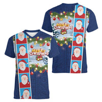 Merry Christmas Women V-Neck T-Shirt Funny Santa Claus Cards Photo and Polynesian Pattern Blue Color LT03 - Polynesian Pride