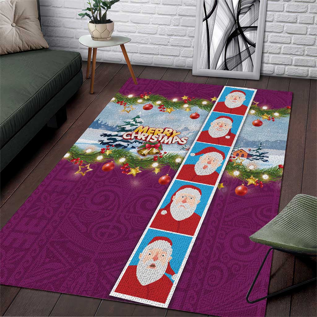 Merry Christmas Area Rug Funny Santa Claus Cards Photo and Polynesian Pattern Pink Color