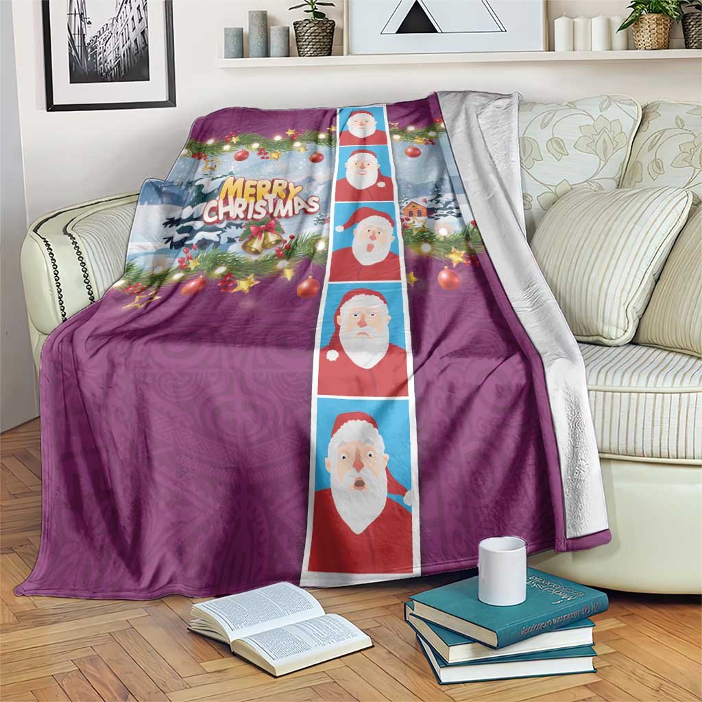 Merry Christmas Blanket Funny Santa Claus Cards Photo and Polynesian Pattern Pink Color