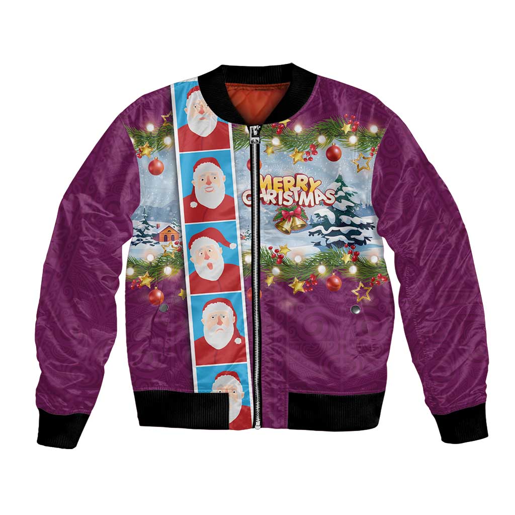 Merry Christmas Bomber Jacket Funny Santa Claus Cards Photo and Polynesian Pattern Pink Color