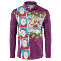 Merry Christmas Button Sweatshirt Funny Santa Claus Cards Photo and Polynesian Pattern Pink Color