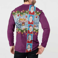 Merry Christmas Button Sweatshirt Funny Santa Claus Cards Photo and Polynesian Pattern Pink Color