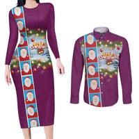 Merry Christmas Couples Matching Long Sleeve Bodycon Dress and Long Sleeve Button Shirt Funny Santa Claus Cards Photo and Polynesian Pattern Pink Color LT03 Pink - Polynesian Pride