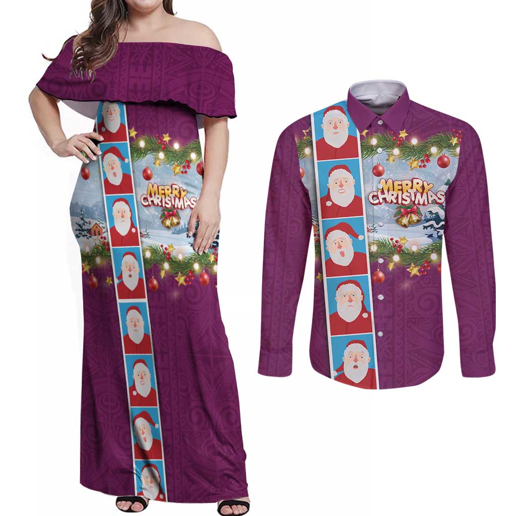 Merry Christmas Couples Matching Off Shoulder Maxi Dress and Long Sleeve Button Shirt Funny Santa Claus Cards Photo and Polynesian Pattern Pink Color LT03 Pink - Polynesian Pride