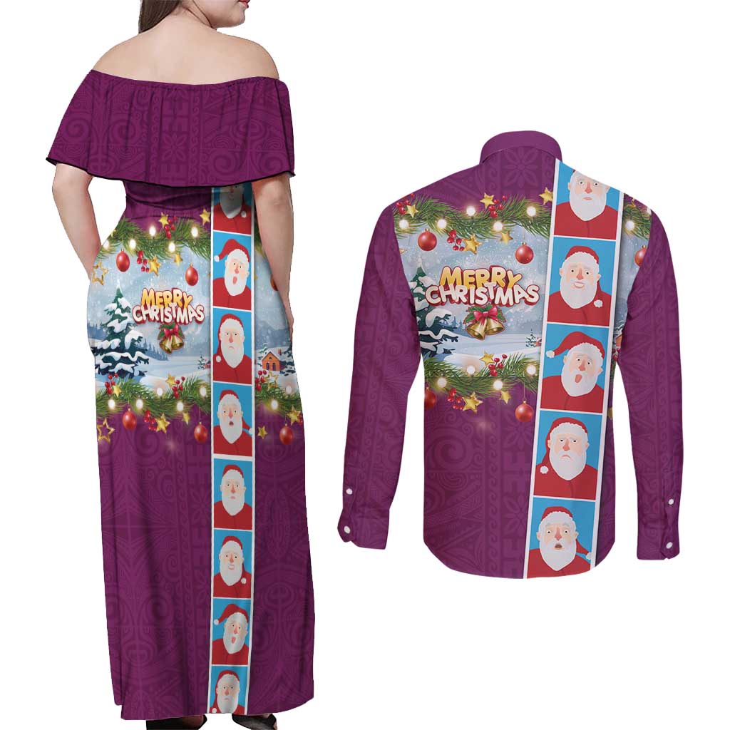 Merry Christmas Couples Matching Off Shoulder Maxi Dress and Long Sleeve Button Shirt Funny Santa Claus Cards Photo and Polynesian Pattern Pink Color LT03 - Polynesian Pride