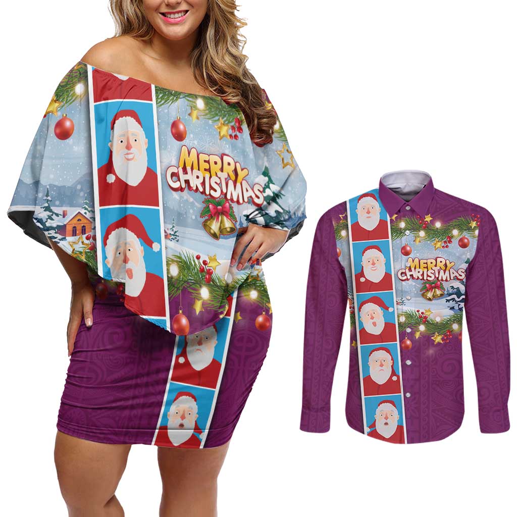Merry Christmas Couples Matching Off Shoulder Short Dress and Long Sleeve Button Shirt Funny Santa Claus Cards Photo and Polynesian Pattern Pink Color LT03 Pink - Polynesian Pride