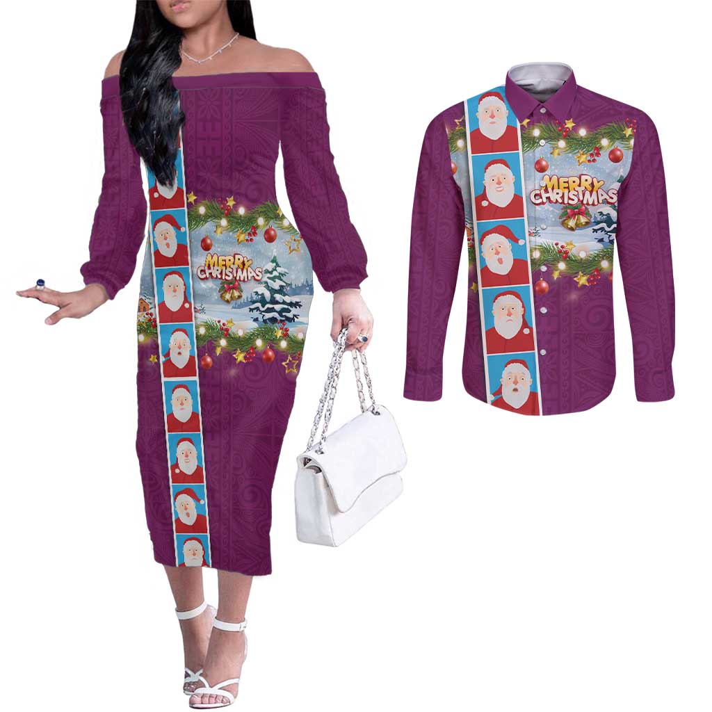 Merry Christmas Couples Matching Off The Shoulder Long Sleeve Dress and Long Sleeve Button Shirt Funny Santa Claus Cards Photo and Polynesian Pattern Pink Color LT03 Pink - Polynesian Pride