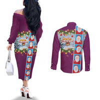 Merry Christmas Couples Matching Off The Shoulder Long Sleeve Dress and Long Sleeve Button Shirt Funny Santa Claus Cards Photo and Polynesian Pattern Pink Color LT03 - Polynesian Pride