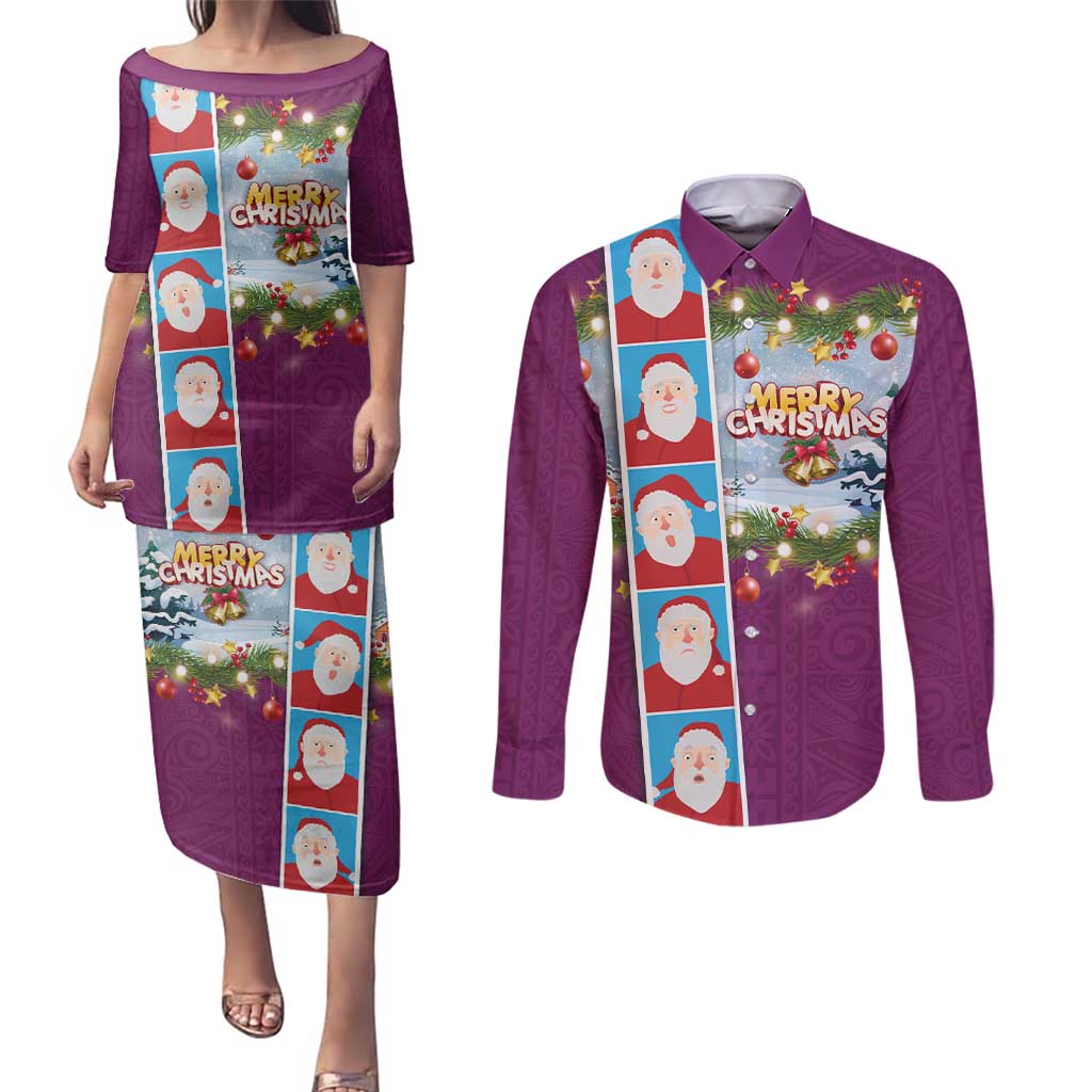 Merry Christmas Couples Matching Puletasi and Long Sleeve Button Shirt Funny Santa Claus Cards Photo and Polynesian Pattern Pink Color