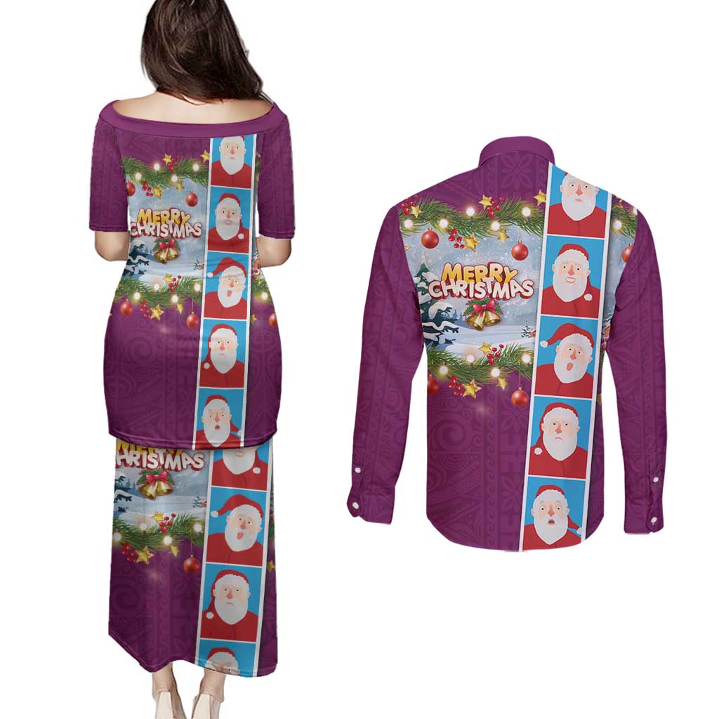 Merry Christmas Couples Matching Puletasi and Long Sleeve Button Shirt Funny Santa Claus Cards Photo and Polynesian Pattern Pink Color