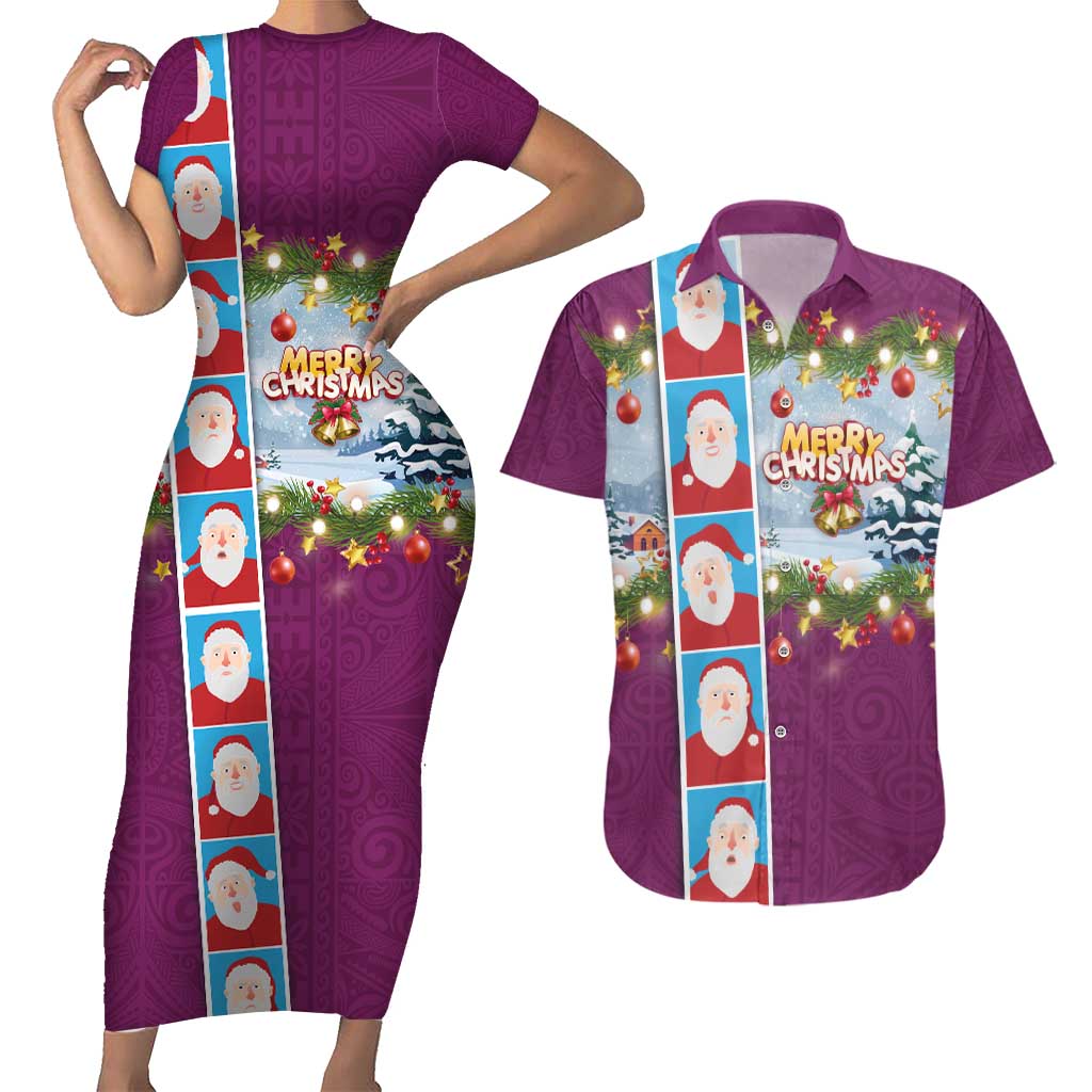 Merry Christmas Couples Matching Short Sleeve Bodycon Dress and Hawaiian Shirt Funny Santa Claus Cards Photo and Polynesian Pattern Pink Color