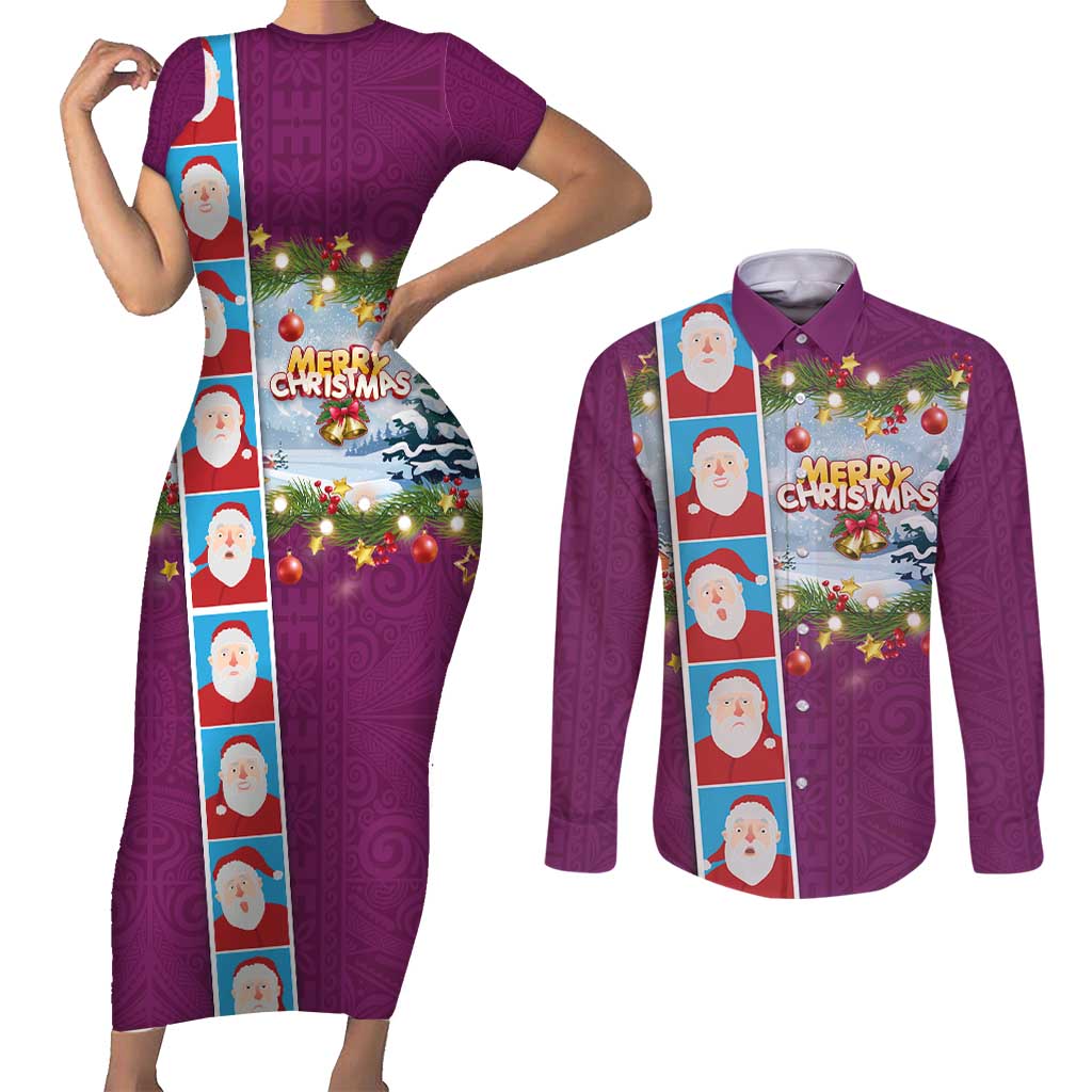 Merry Christmas Couples Matching Short Sleeve Bodycon Dress and Long Sleeve Button Shirt Funny Santa Claus Cards Photo and Polynesian Pattern Pink Color LT03 Pink - Polynesian Pride