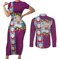 Merry Christmas Couples Matching Short Sleeve Bodycon Dress and Long Sleeve Button Shirt Funny Santa Claus Cards Photo and Polynesian Pattern Pink Color LT03 Pink - Polynesian Pride