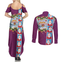 Merry Christmas Couples Matching Summer Maxi Dress and Long Sleeve Button Shirt Funny Santa Claus Cards Photo and Polynesian Pattern Pink Color LT03 - Polynesian Pride