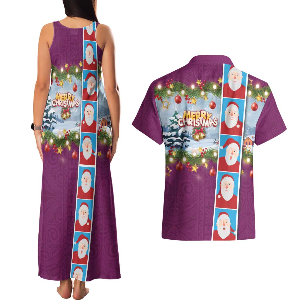 Merry Christmas Couples Matching Tank Maxi Dress and Hawaiian Shirt Funny Santa Claus Cards Photo and Polynesian Pattern Pink Color LT03 - Polynesian Pride