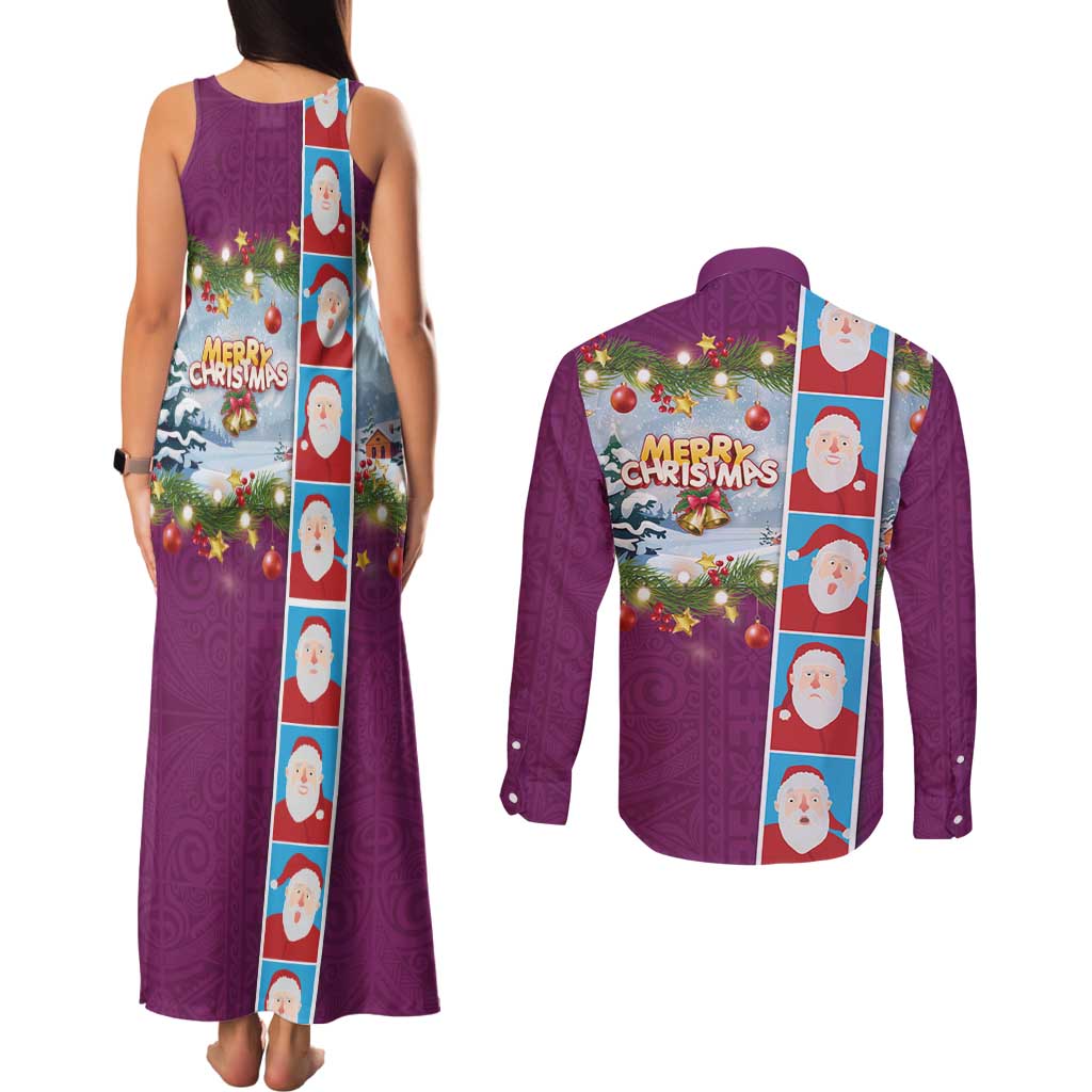 Merry Christmas Couples Matching Tank Maxi Dress and Long Sleeve Button Shirt Funny Santa Claus Cards Photo and Polynesian Pattern Pink Color LT03 - Polynesian Pride