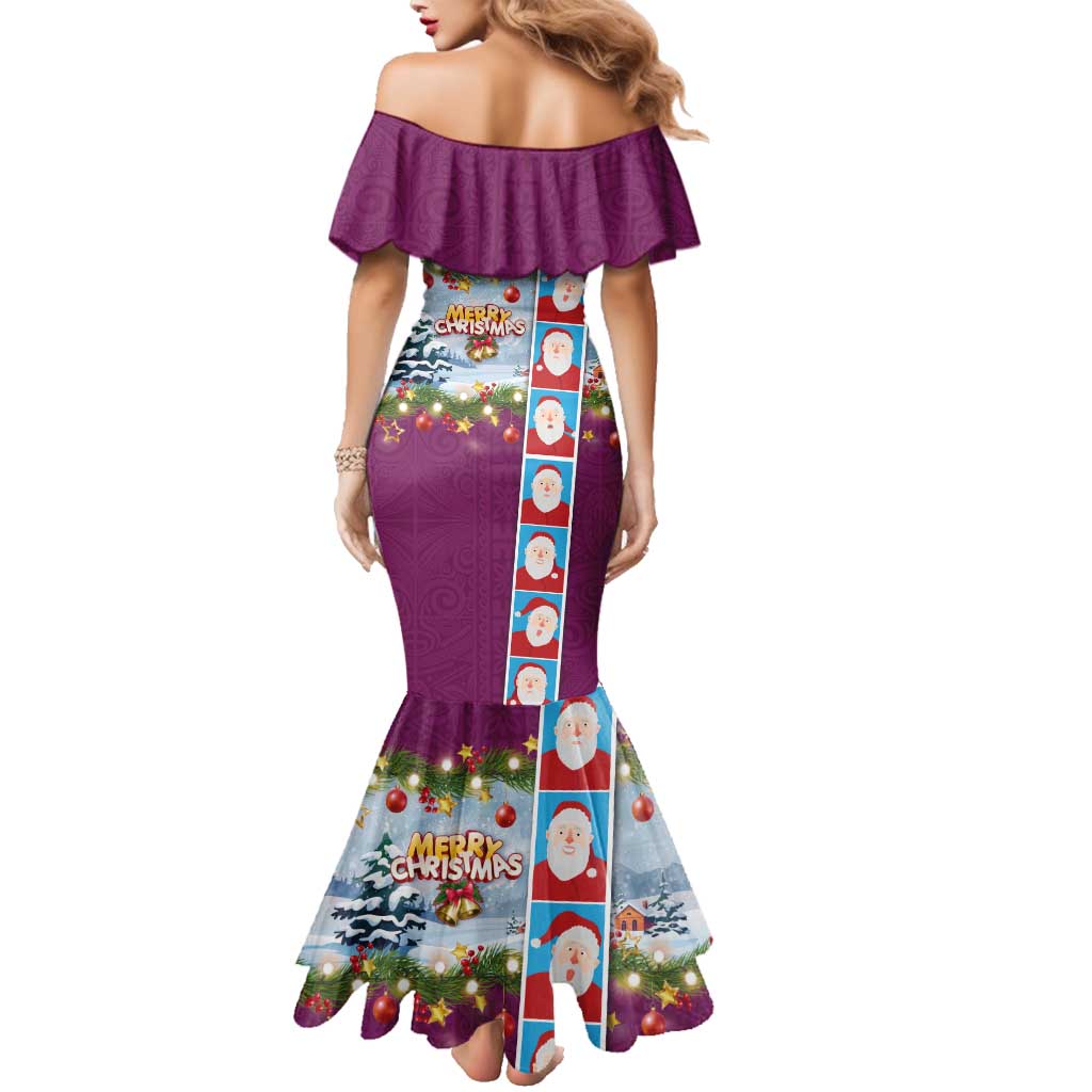 Merry Christmas Family Matching Mermaid Dress and Hawaiian Shirt Funny Santa Claus Cards Photo and Polynesian Pattern Pink Color LT03 - Polynesian Pride