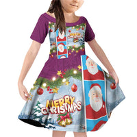 Merry Christmas Family Matching Off Shoulder Short Dress and Hawaiian Shirt Funny Santa Claus Cards Photo and Polynesian Pattern Pink Color