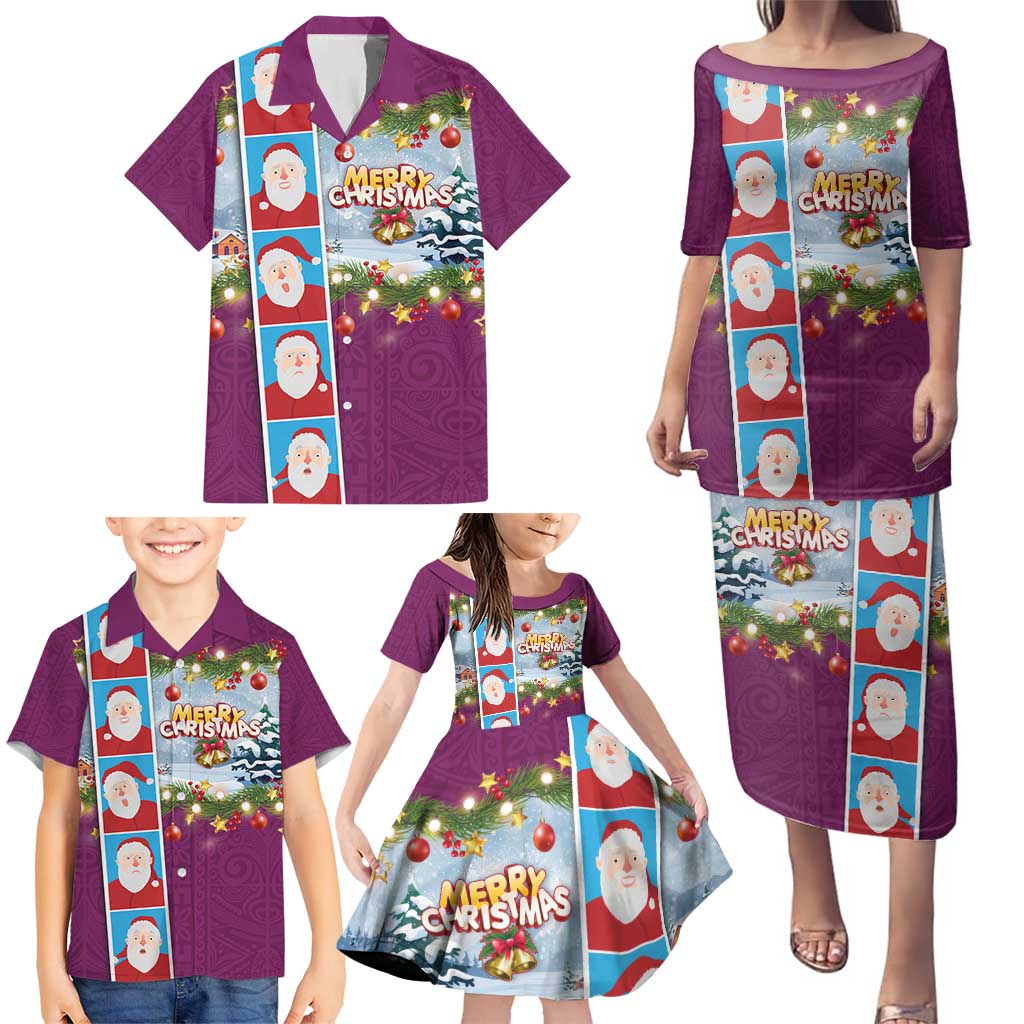 Merry Christmas Family Matching Puletasi and Hawaiian Shirt Funny Santa Claus Cards Photo and Polynesian Pattern Pink Color LT03 - Polynesian Pride