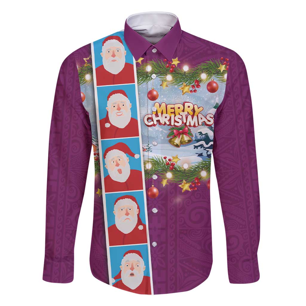 Merry Christmas Family Matching Short Sleeve Bodycon Dress and Hawaiian Shirt Funny Santa Claus Cards Photo and Polynesian Pattern Pink Color LT03 Dad's Shirt - Long Sleeve Pink - Polynesian Pride