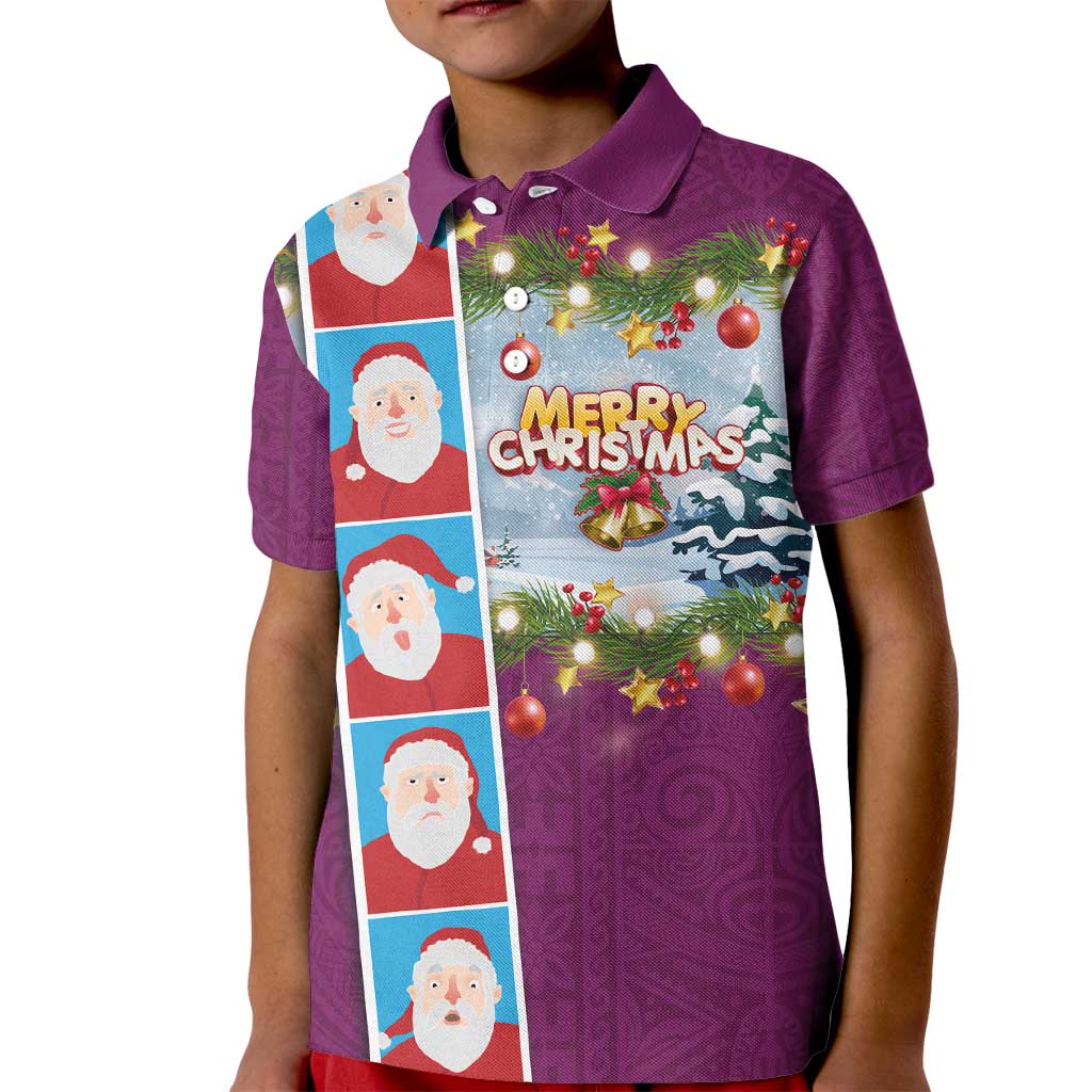 Merry Christmas Kid Polo Shirt Funny Santa Claus Cards Photo and Polynesian Pattern Pink Color