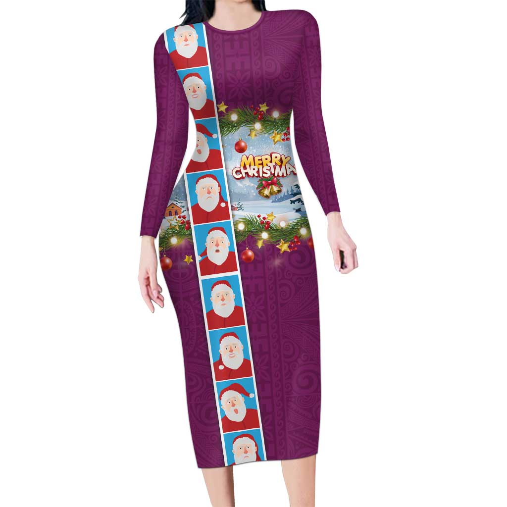 Merry Christmas Long Sleeve Bodycon Dress Funny Santa Claus Cards Photo and Polynesian Pattern Pink Color LT03 Long Dress Pink - Polynesian Pride