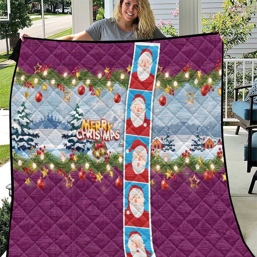 Merry Christmas Quilt Funny Santa Claus Cards Photo and Polynesian Pattern Pink Color