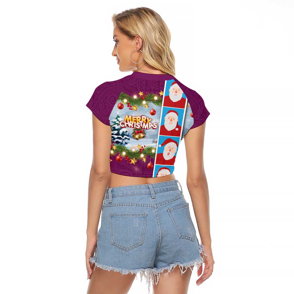 Merry Christmas Raglan Cropped T Shirt Funny Santa Claus Cards Photo and Polynesian Pattern Pink Color
