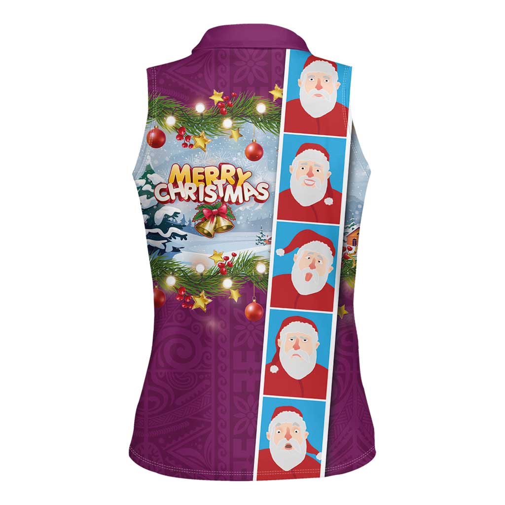 Merry Christmas Women Sleeveless Polo Shirt Funny Santa Claus Cards Photo and Polynesian Pattern Pink Color LT03 - Polynesian Pride