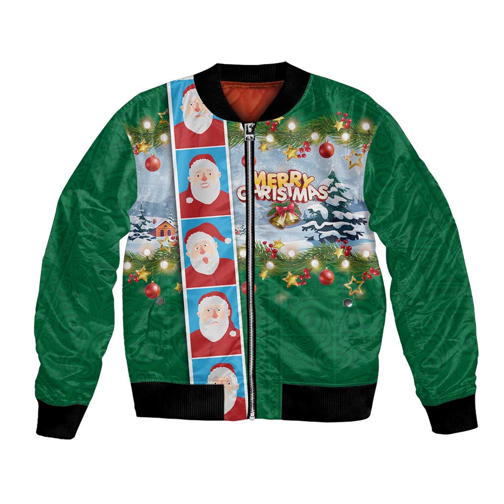 Merry Christmas Bomber Jacket Funny Santa Claus Cards Photo and Polynesian Pattern Green Color