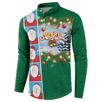 Merry Christmas Button Sweatshirt Funny Santa Claus Cards Photo and Polynesian Pattern Green Color