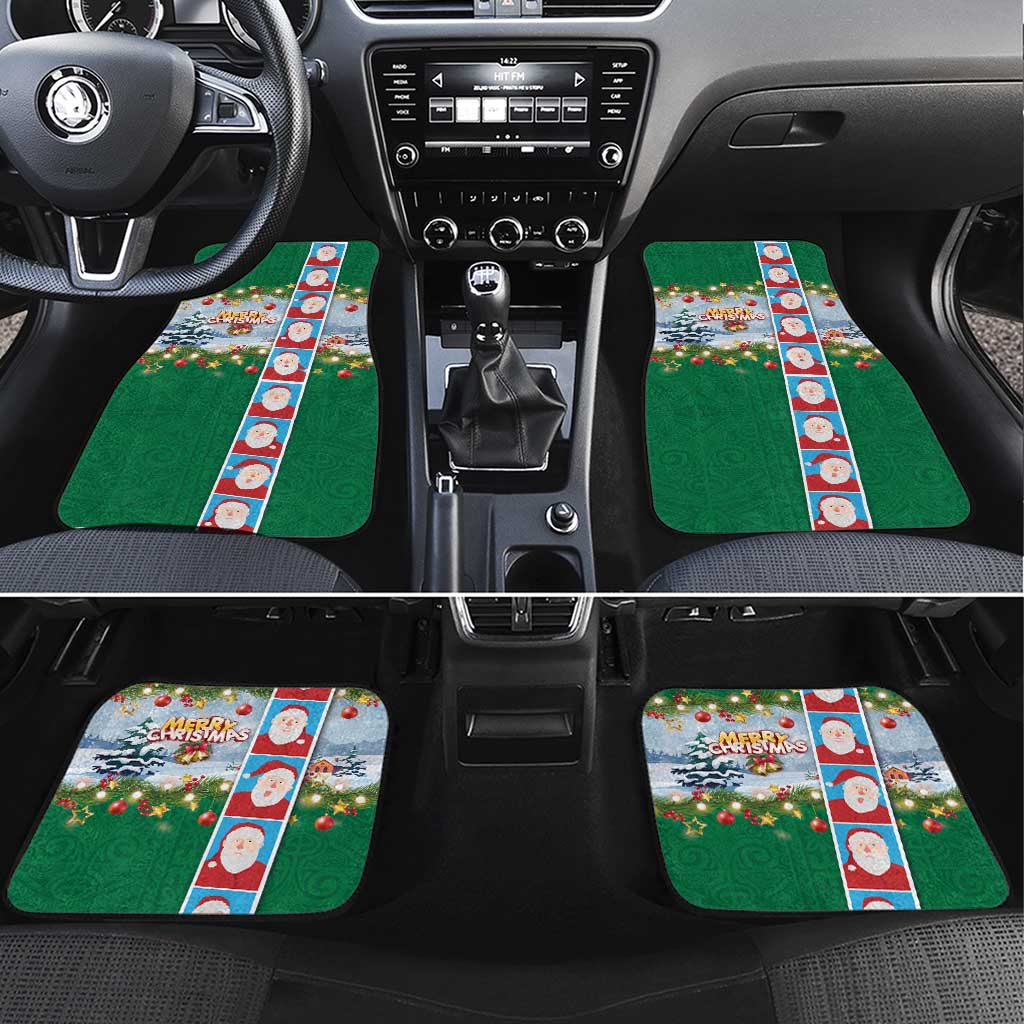 Merry Christmas Car Mats Funny Santa Claus Cards Photo and Polynesian Pattern Green Color