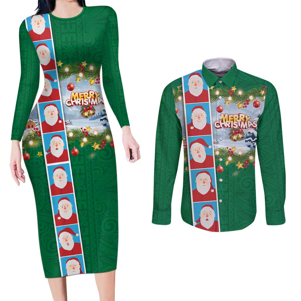 Merry Christmas Couples Matching Long Sleeve Bodycon Dress and Long Sleeve Button Shirt Funny Santa Claus Cards Photo and Polynesian Pattern Green Color LT03 Green - Polynesian Pride