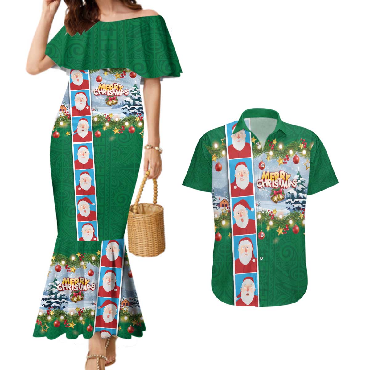 Merry Christmas Couples Matching Mermaid Dress and Hawaiian Shirt Funny Santa Claus Cards Photo and Polynesian Pattern Green Color LT03 Green - Polynesian Pride