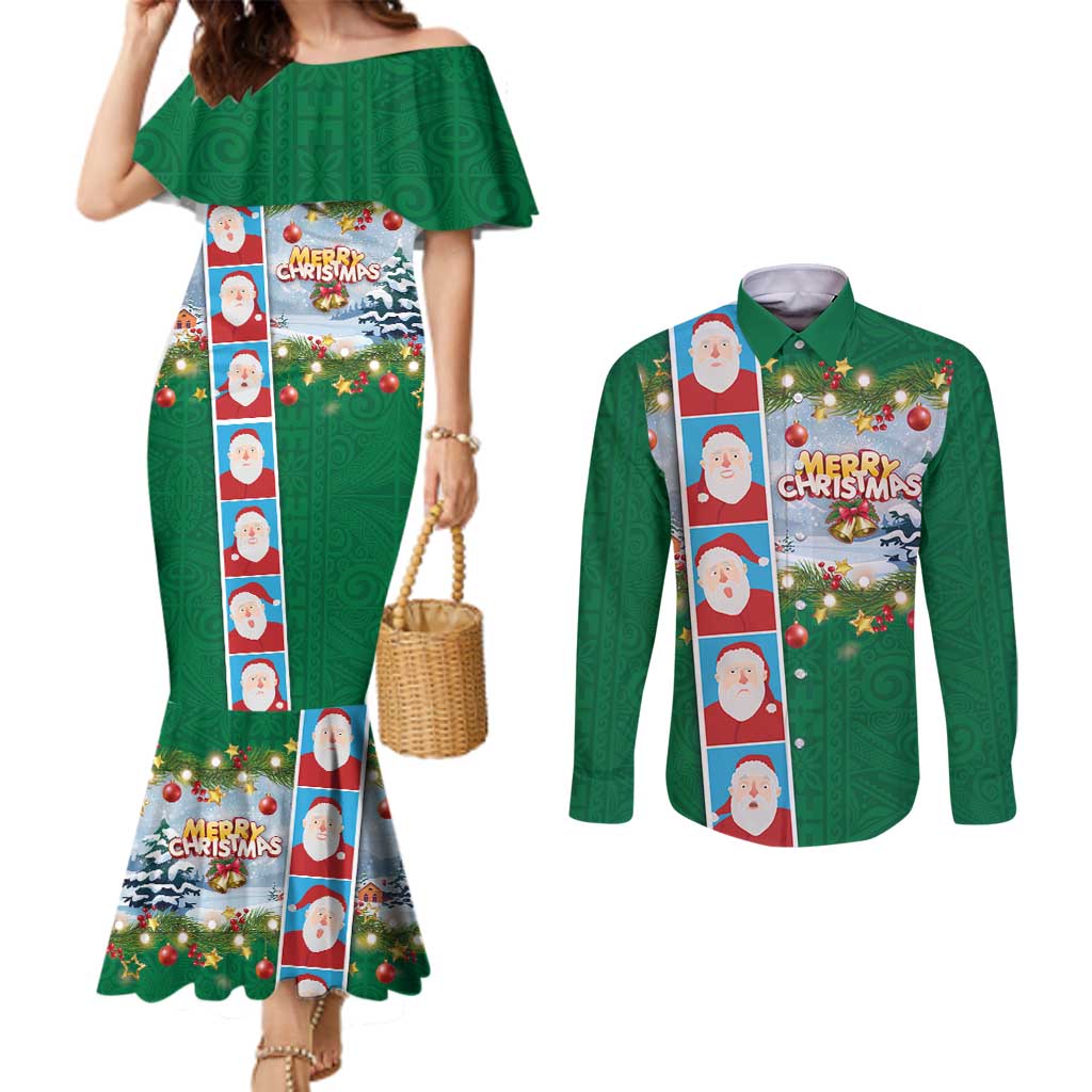 Merry Christmas Couples Matching Mermaid Dress and Long Sleeve Button Shirt Funny Santa Claus Cards Photo and Polynesian Pattern Green Color LT03 Green - Polynesian Pride