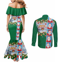 Merry Christmas Couples Matching Mermaid Dress and Long Sleeve Button Shirt Funny Santa Claus Cards Photo and Polynesian Pattern Green Color LT03 - Polynesian Pride